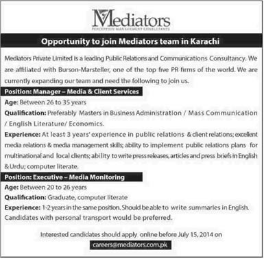 Mediators Pakistan Jobs 2014 June / July for Media & Client Services Manager and Media Monitoring Executive