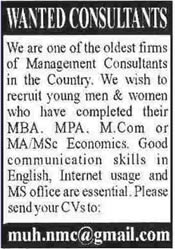 Fresh Graduates Jobs in Pakistan 2014 June / July for Management Consultants Firm
