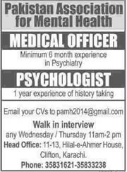 Medical Officer & Psychologist Jobs in Karachi 2014 June / July in Pakistan Association of Mental Health