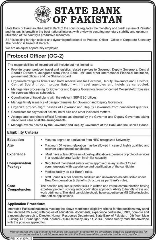 State Bank of Pakistan Jobs 2014 June / July for Protocol Officers
