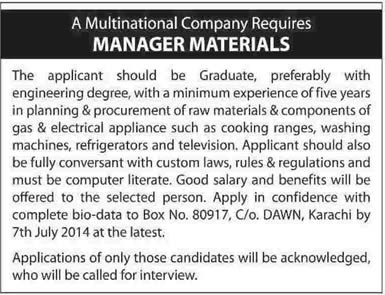 Manager Materials Jobs in Karachi 2014 June / July for Multinational Company