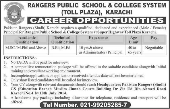 Rangers Public School Karachi Jobs 2014 July for Principal