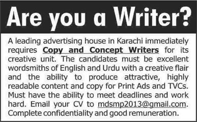 Content Writer Jobs in Karachi 2014 July for an Advertising House