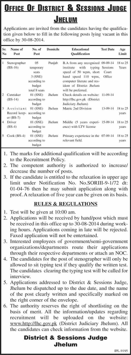 District and Session Court Jhelum Jobs 2014 July Latest Advertisement