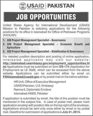 USAID Pakistan Jobs 2014 July for AID Management Specialists