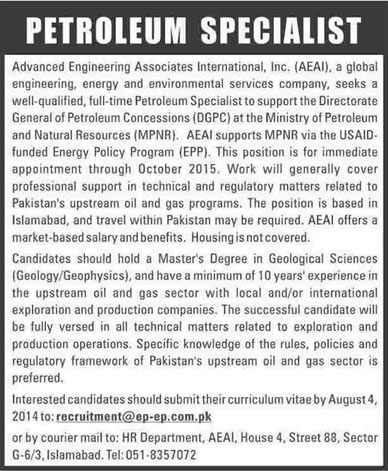 Geologist Jobs in Islamabad 2014 July as Petroleum Specialist in Advanced Engineering Associates International Inc.