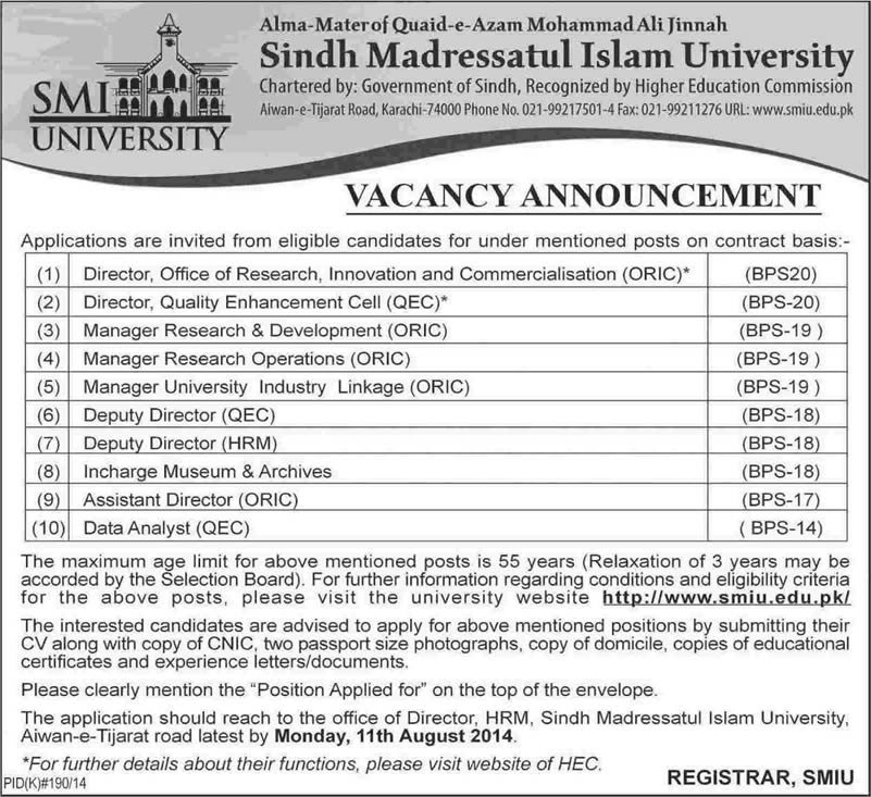 Sindh Madressatul Islam University Jobs 2014 July Latest for Administrative Staff
