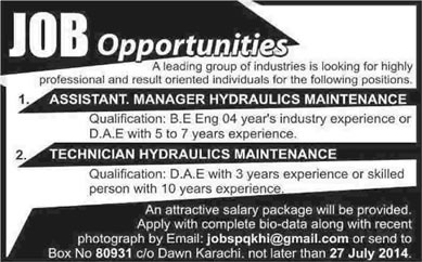 Mechanical Engineering Jobs in Karachi 2014 July as Manager / Technician Hydraulic Maintenance