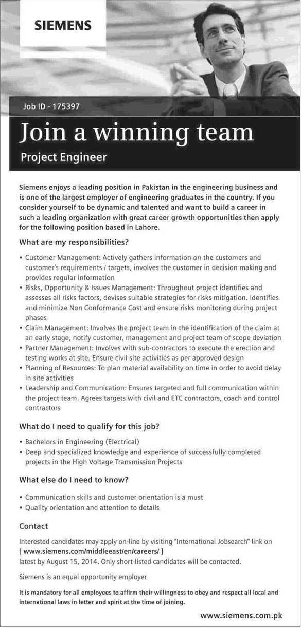 Siemens Pakistan Jobs 2014 August for Electrical Engineer as Project Engineer