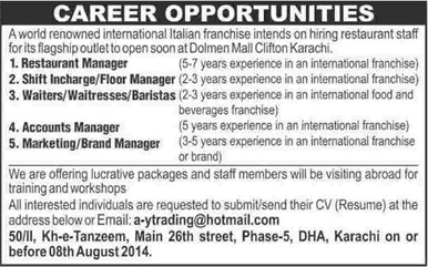 Hotel Jobs in Karachi 2014 August for Restaurant / Floor / Accounts / Marketing Managers & Waiters