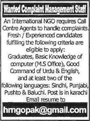 Call Center Jobs in Karachi 2014 August for an International NGO