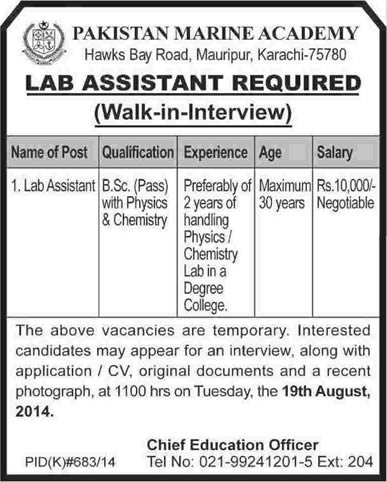 Lab Assistant Jobs in Karachi 2014 August at Pakistan Marine Academy Latest