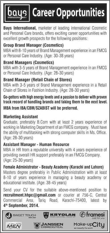 HR & Marketing Jobs in Karachi 2014 August at Bays International