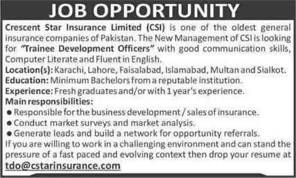 Crescent Star Insurance Company Karachi Jobs 2014 September for Trainee Development Officers