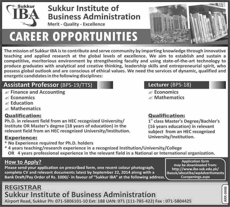 IBA Sukkur Jobs 2014 September for Teaching Faculty / Assistant Professors & Lecturers