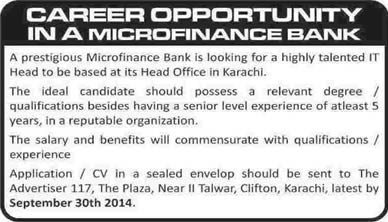 IT Manager Jobs in Karachi 2014 September IT Head at a Microfinance Bank