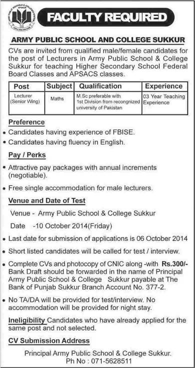 Mathematics Lecturer Jobs in Sukkur 2014 September / October at Army Public School & College