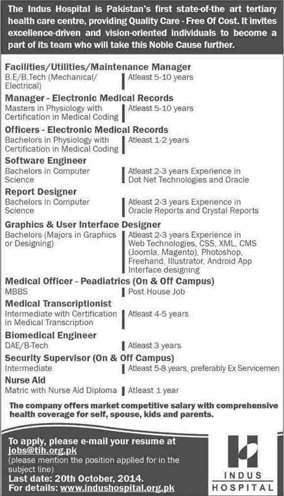 Indus Hospital Karachi Jobs 2014 September / October Sindh Latest