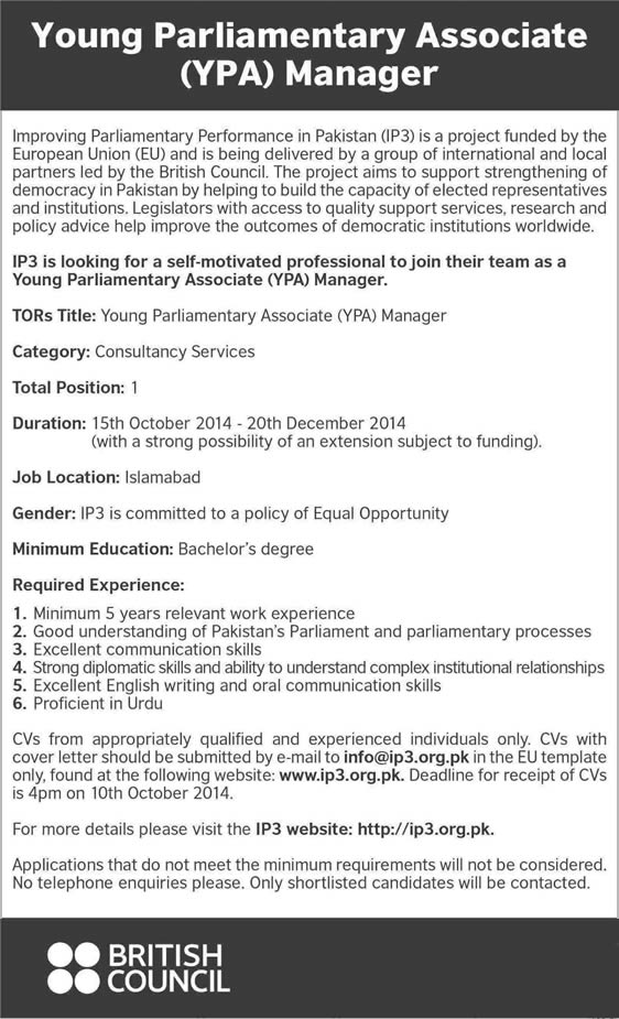 British Council Pakistan Jobs 2014 October Islamabad for Young Parliamentary Associate (YPA) Manager