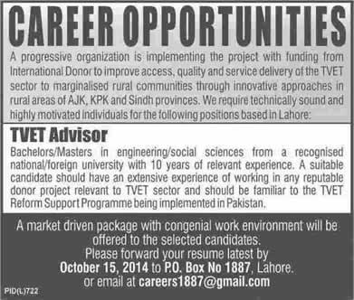 PO Box 1887 Lahore Jobs 2014 October for TVET Advisor Latest