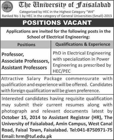 University of Faisalabad Jobs 2014 October for Electrical Engineering Teaching Faculty