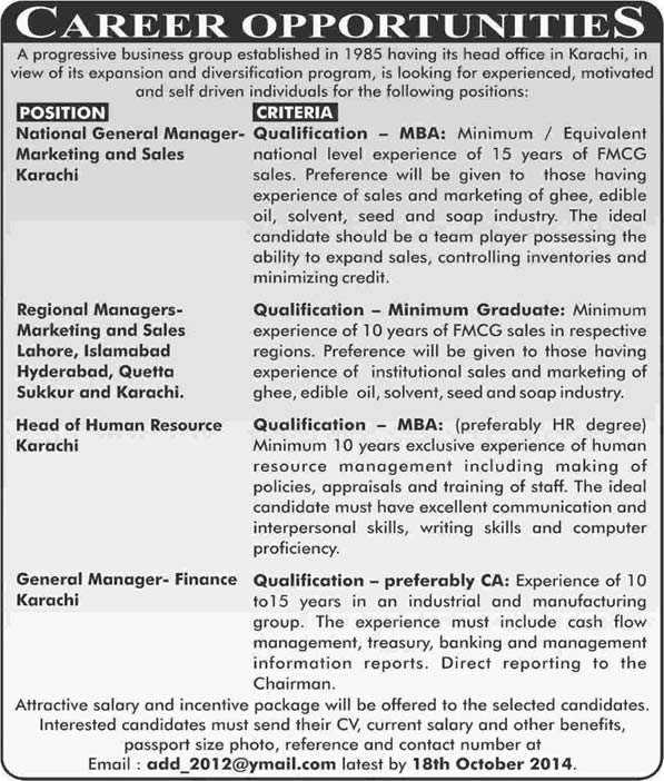 Jobs in Pakistan 2014 October GM / Regional Managers Marketing & Sales, GM Finance & Head HR