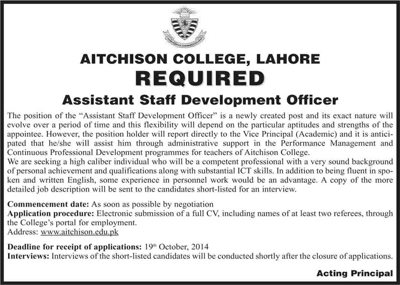 Assistant Staff Development Officer Jobs in Lahore 2014 October at Aitchison College