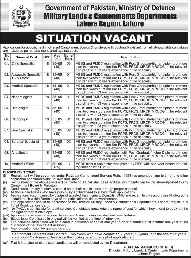 Military Lands & Cantonments Department Jobs 2014 October for Medical Officers / Specialists