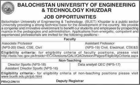 Balochistan University of Engineering & Technology Khuzdar Jobs 2014 October for Faculty & Admin Staff