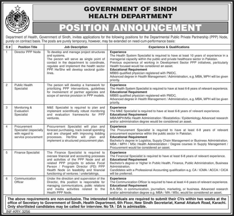 Jobs in Health Department Sindh 2014 October / November Latest Advertisement