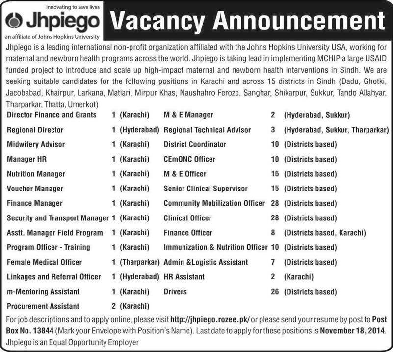 Jhpiego Pakistan Jobs 2014 November Apply Online Latest / New