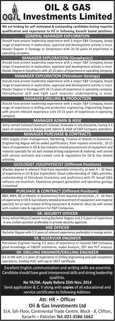 Oil and Gas Investments Limited Karachi Jobs 2014 November Latest Advertisement
