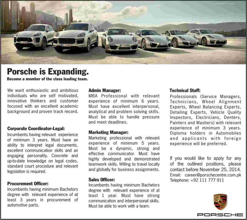 Porsche Pakistan Lahore Jobs 2014 November Sales, Admin & Technical Staff