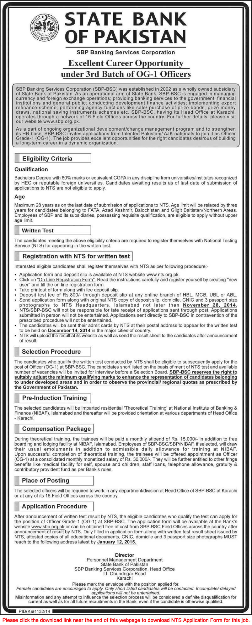 State Bank of Pakistan Jobs November 2014 OG-1 Officers NTS Application Form Download