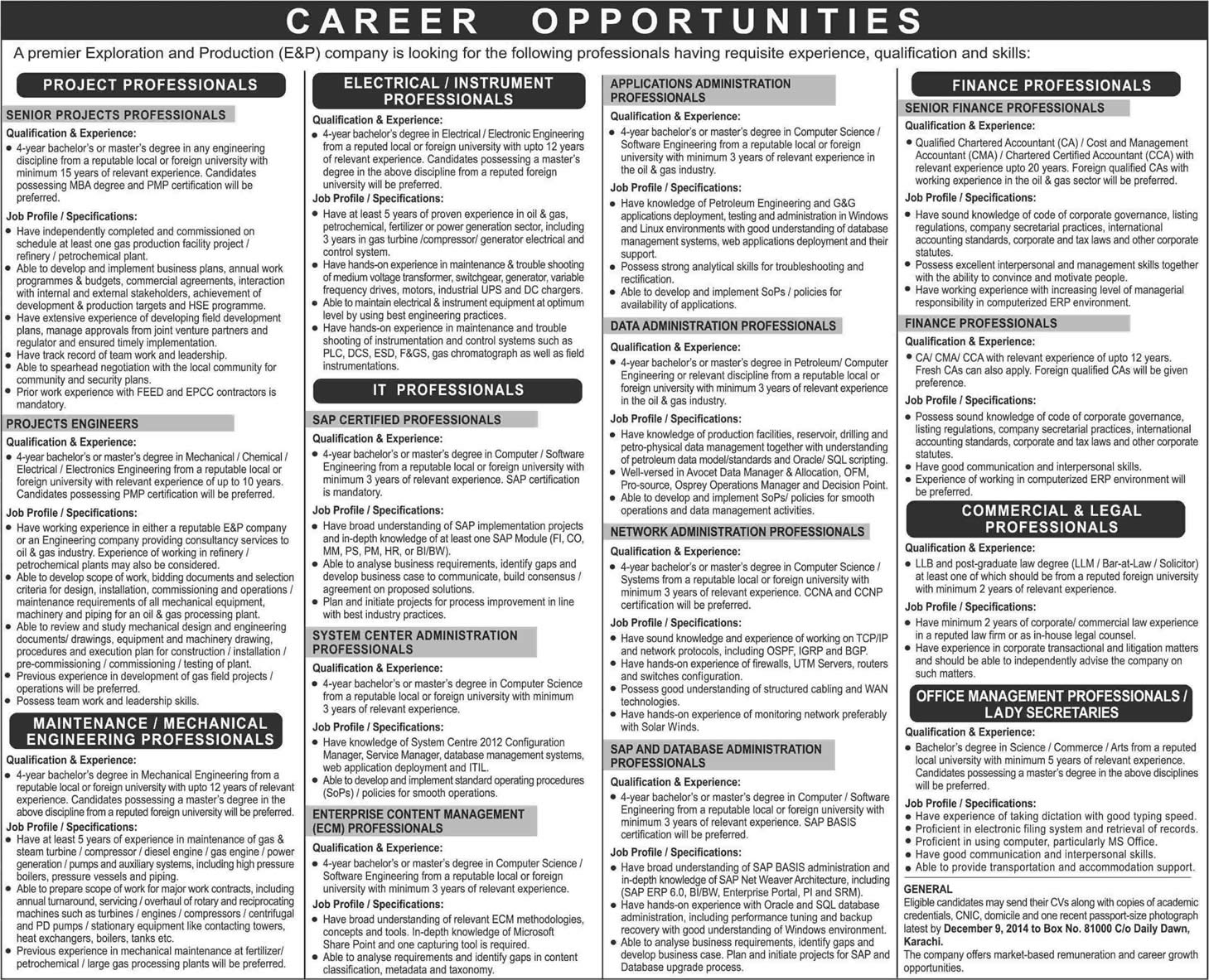Oil and Gas Jobs in Pakistan November 2014 Exploration & Production (E&P) Company