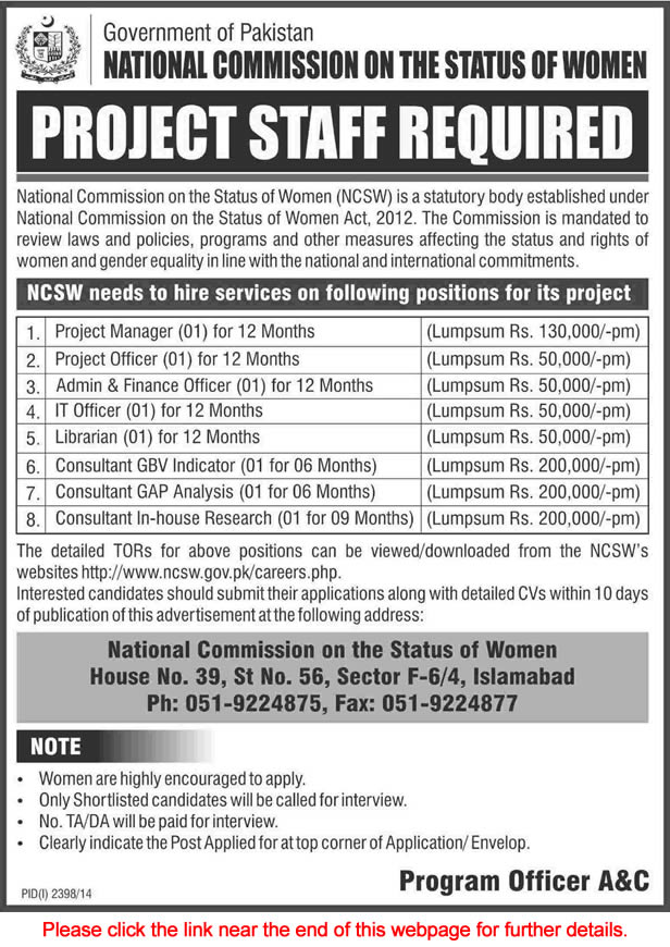 National Commission on the Status of Women Islamabad Jobs 2014 November LNSW