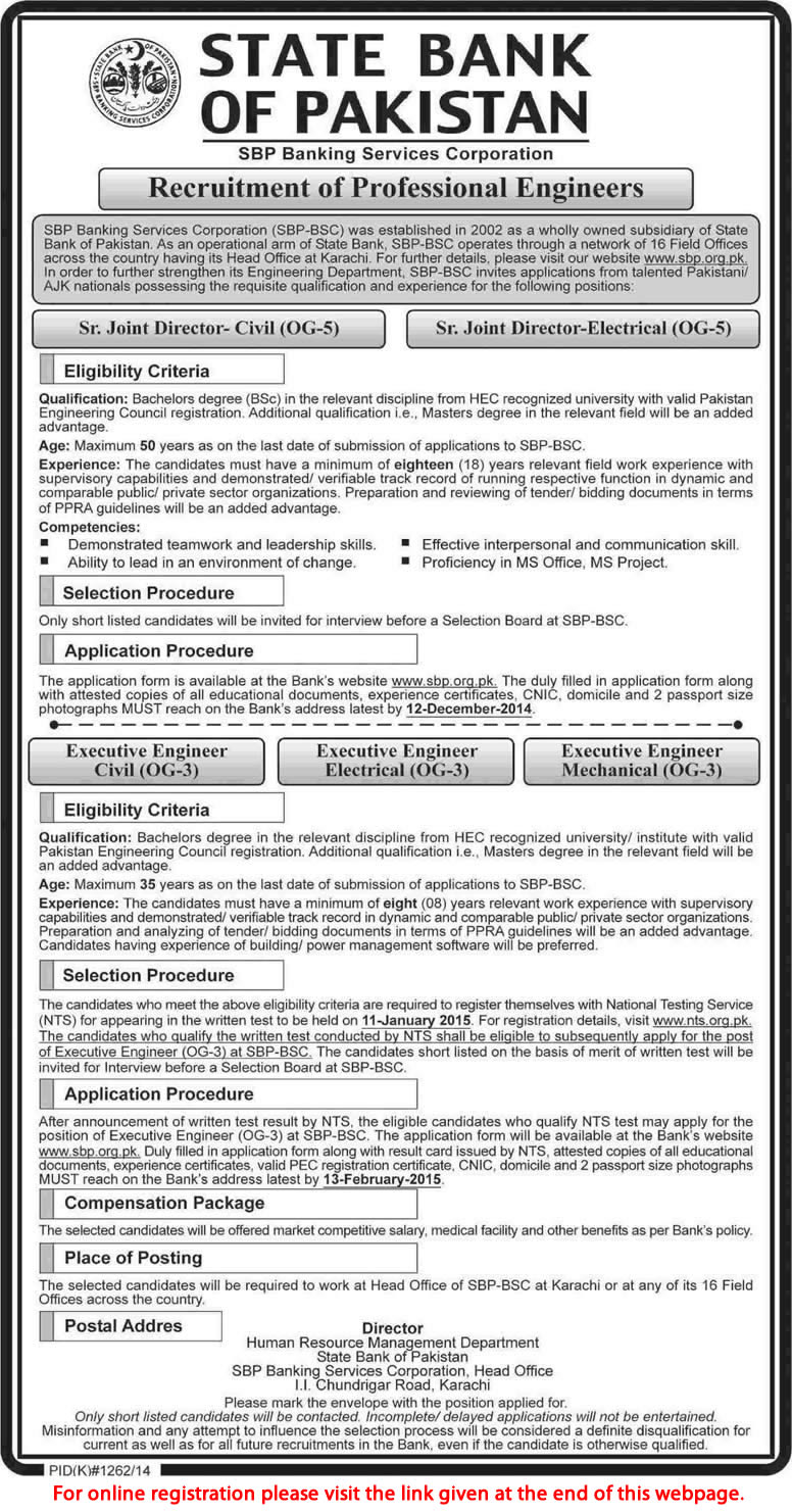 State Bank of Pakistan Jobs November 2014 Executive Engineers OG-3 NTS Registration Online
