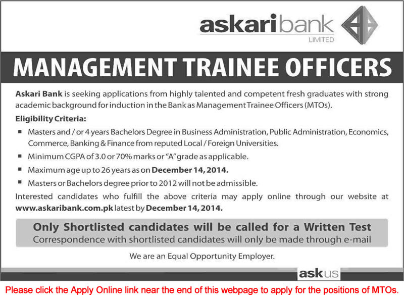 Askari Bank Jobs 2014 November / December Online Apply Management Trainee Officers (MTO) Latest / New
