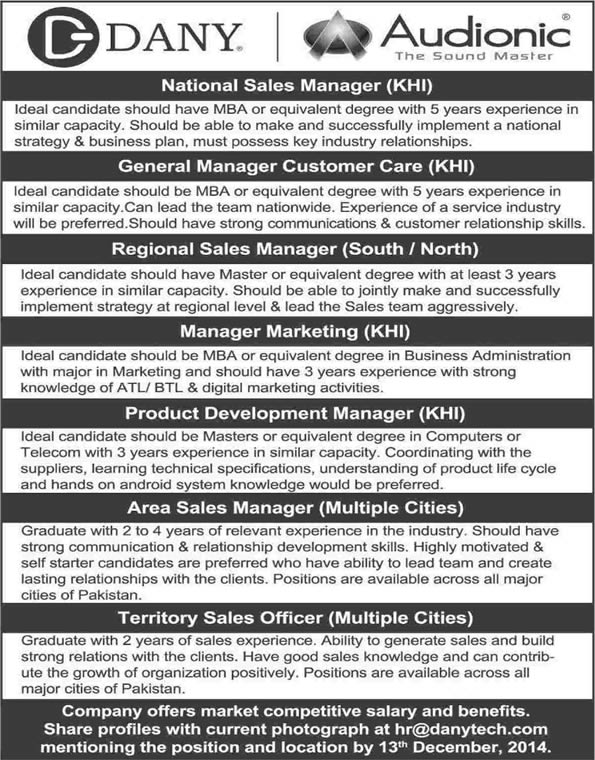 Dany Technologies Jobs 2014 December / November Pakistan Sales, Marketing & Other Vacancies