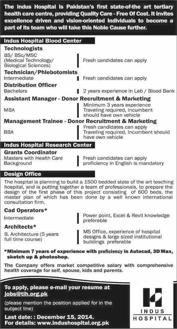 Indus Hospital Karachi Jobs 2014 December Medical Technologists & Admin Staff