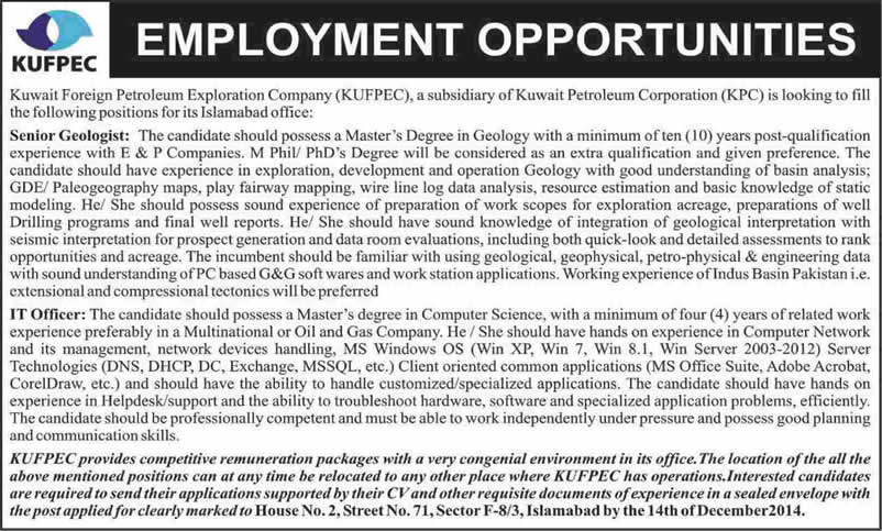 Kuwait Foreign Petroleum Exploration Company Jobs 2014 December Pakistan Geologist & IT Officer