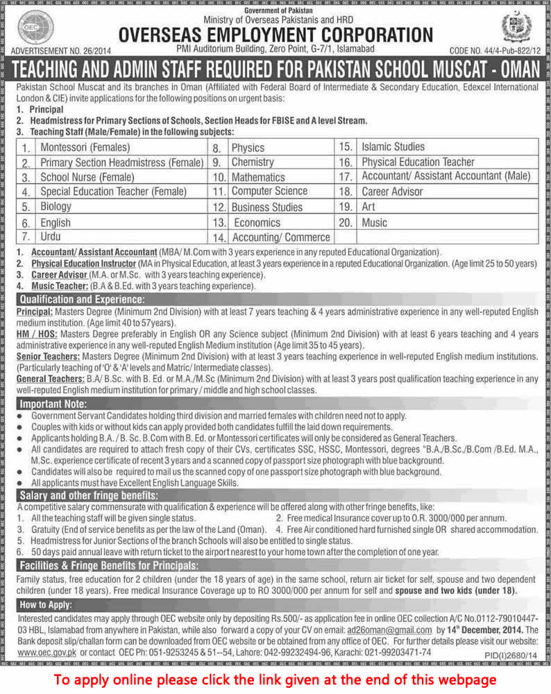 Teaching & Admin Jobs in Pakistan School Muscat Oman 2014 December OEC Apply Online