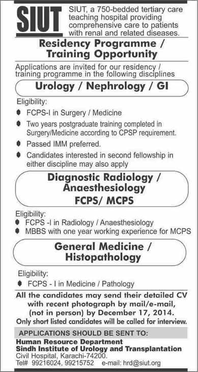 Sindh Institute of Urology and Transplantation Karachi Jobs 2014 December SIUT Residency / Training Programs