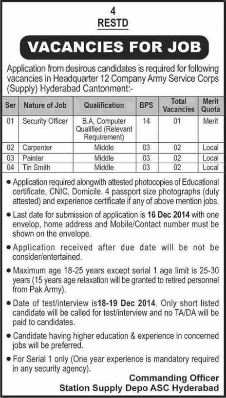 Security Officer, Carpenter, Painter & Tin Smith Jobs in Hyderabad 2014 December HQ 12 Company Army Services Corps Supply