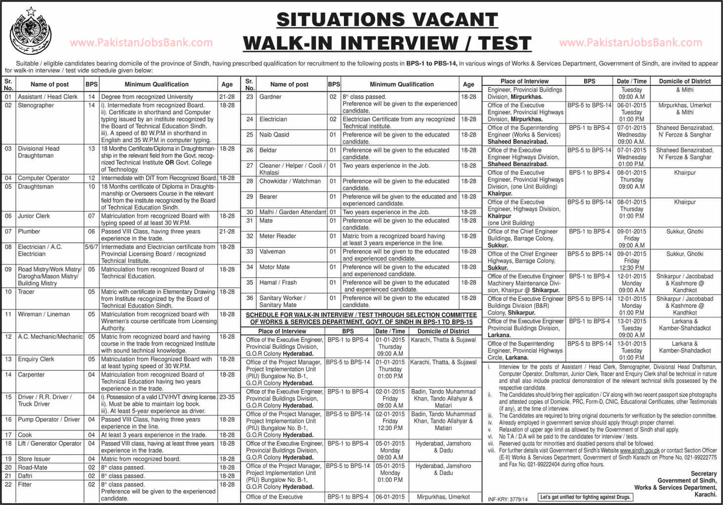 Works and Services Department Sindh Jobs 2014 December Walk in Interviews / Test Schedule