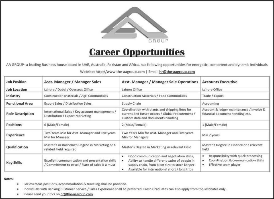 AA Group Lahore / Dubai Jobs 2014 December Manager Sales / Operations & Accounts Executives