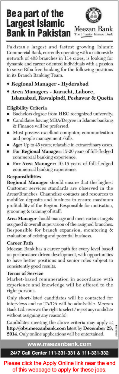 Meezan Bank Jobs December 2014 Apply Online Regional / Area Managers