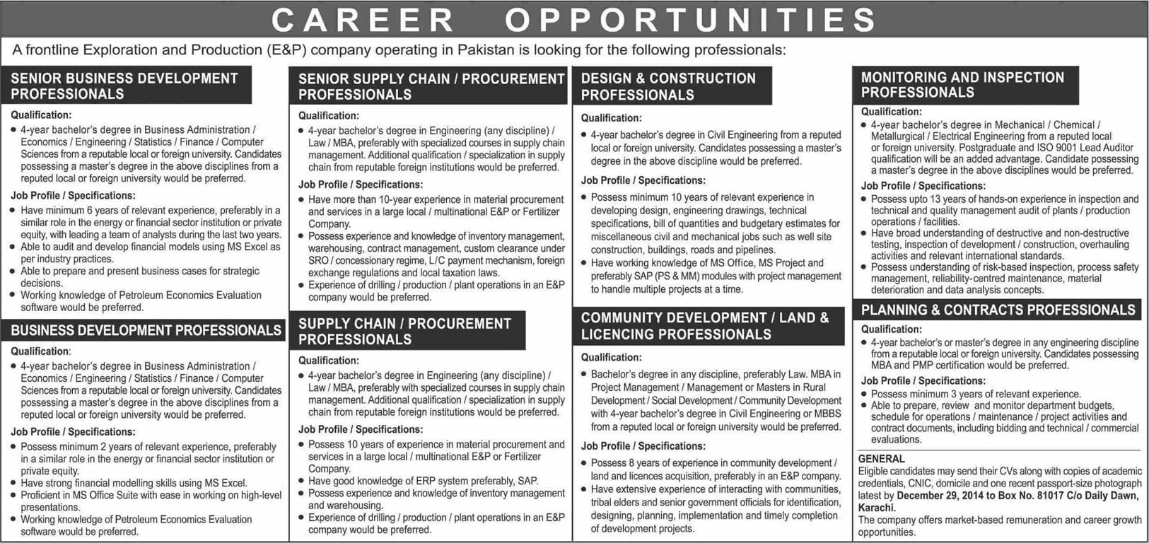 Oil and Gas Jobs in Pakistan 2014 December in Exploration & Production Company