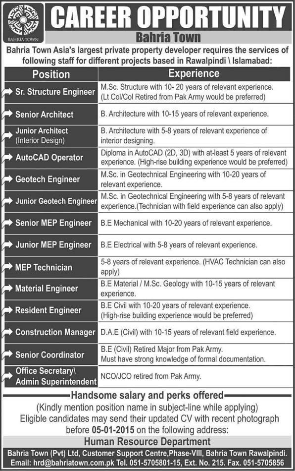 Bahria Town Jobs 2014 December Rawalpindi / Islamabad for Architects, Engineers & Admin Staff