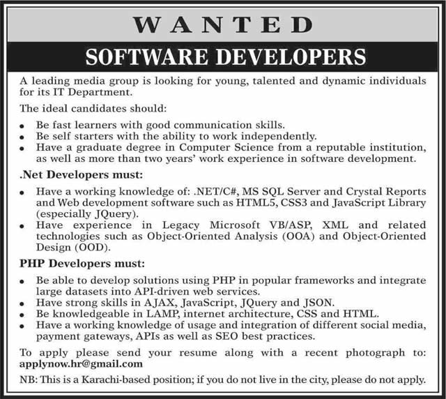 PHP / .Net / Software Developer Jobs in Karachi 2014 December Latest Advertisement